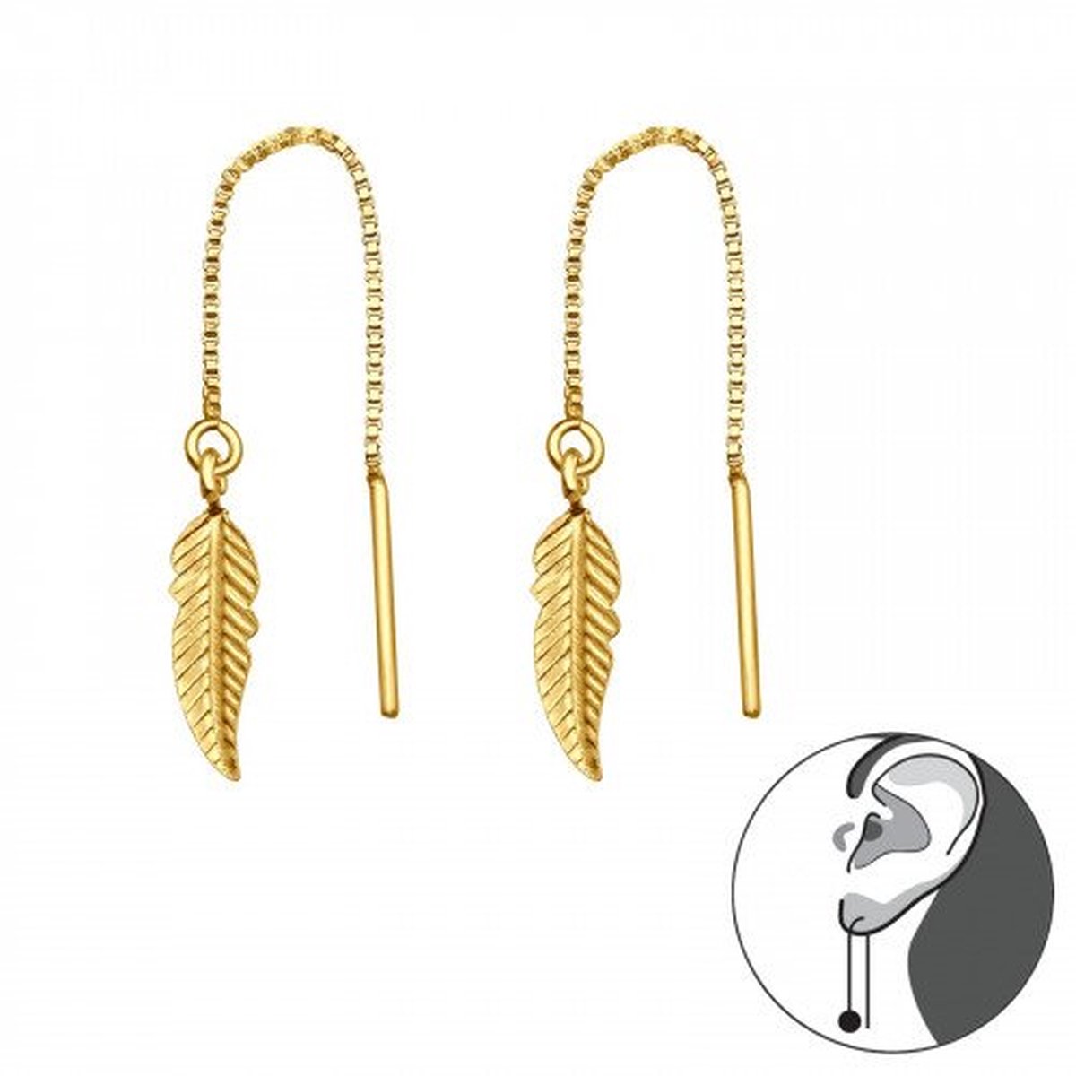 Zilveren oorbellen | Chain oorbellen | Gold plated chain oorbellen met veer