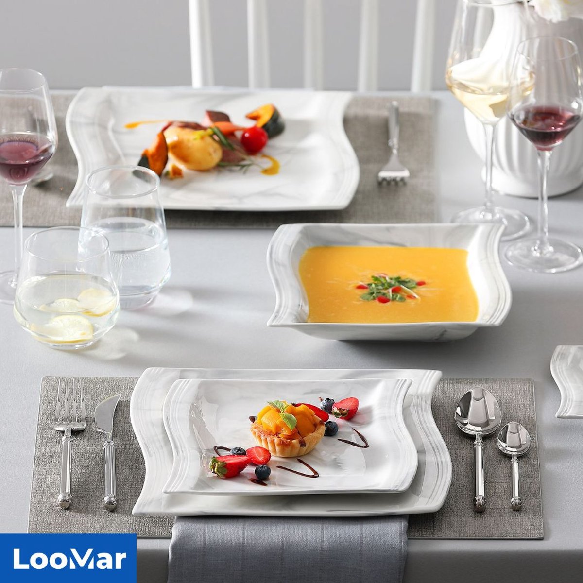 LooMar Serviesset – 60 delig – 12 persoons – Keramiek - Luxe – Bordenset – Dinnerborden – Dessertborden - Wit - Marmer - Grijs