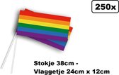 250x Regenboog Zwaaivlaggetje - stokje 38cm - vlag 24cm x 12cm - Festival thema feest verjaardag party pride