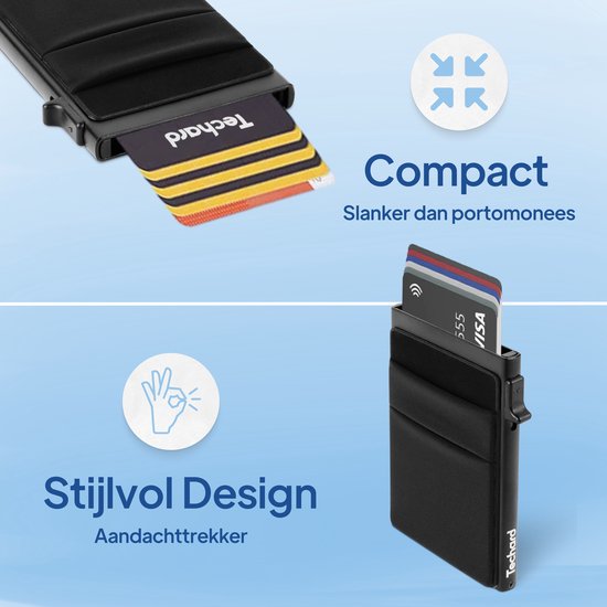 Zwarte Techard pasjeshouder, compacter dan een portemonnee, met een stijlvol design en een hendel.