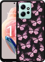 Cazy Hoesje Zwart geschikt voor Xiaomi Redmi Note 12 4G Roze Vlinders