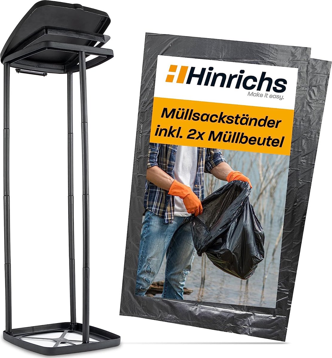 Hinrichs Vuilniszakstandaard, 120 liter, in hoogte verstelbare vuilniszakhouder met deksel en klemring, standaard gele zak, gratis 2 zwarte afvalzakken van 120 liter