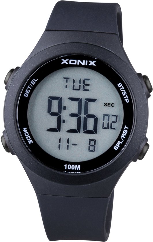Xonix BBD-006A - Horloge - Digitaal - Rond - Unisex - Siliconen band - ABS - Cijfers - Achtergrondverlichting - Datumaanduiding - Alarm - Start-Stop - Chronograaf - Tweede tijdzone - Zwart - Waterdicht - 10 ATM