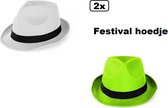 2x Festival hoed combi wit en neon groen mt.59 - Stro -Hoofddeksel hoed festival thema feest feest party