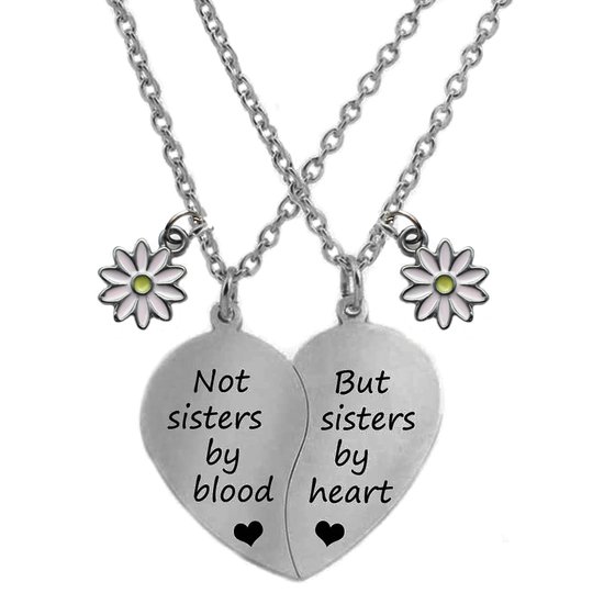 Collier Bixorp Friends BFF pour 2 avec coeur et Bloem - Zwart - "Pas de soeurs de sang mais de soeurs de coeur" - Cadeau d'amitié