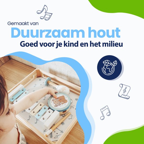 Un enfant joue avec le xylophone en bois du set de musique. Texte 'Fabriqué en bois durable' et symbole écologique.