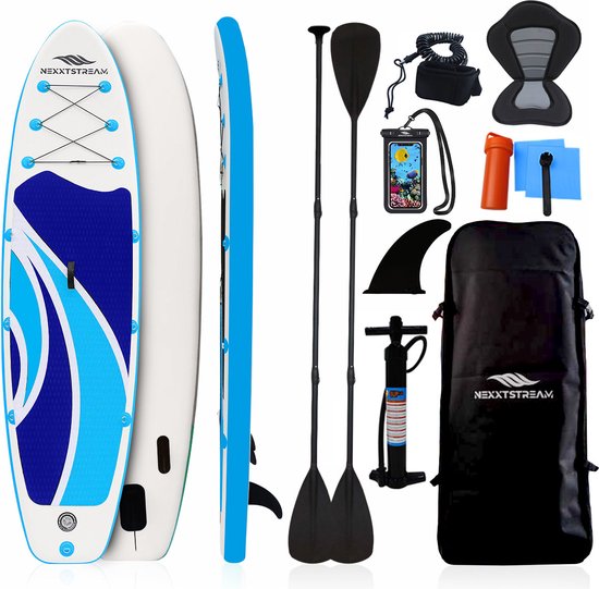 NexxtStream SUP Board - Met Kayak Zitje - Kajak Opblaasbaar - Stand Up Paddle Board - Populairste Formaat - 320x81x15 CM - Blauw