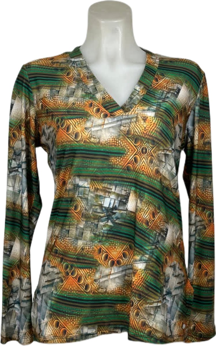 Angelle Milan – Travelkleding voor dames – Groen Oranje blouse – Ademend – Kreukvrij – Duurzame Jurk - In 5 maten - Maat L