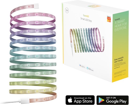Hombli Smart LED Strip - RGB - 5 Meter - Wit en Gekleurd Licht - RGB - Bediening met app of stem - Wifi - 1 stuks