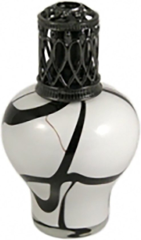 Witte geurlamp met zwarte tentakelprint en donker metalen kap.