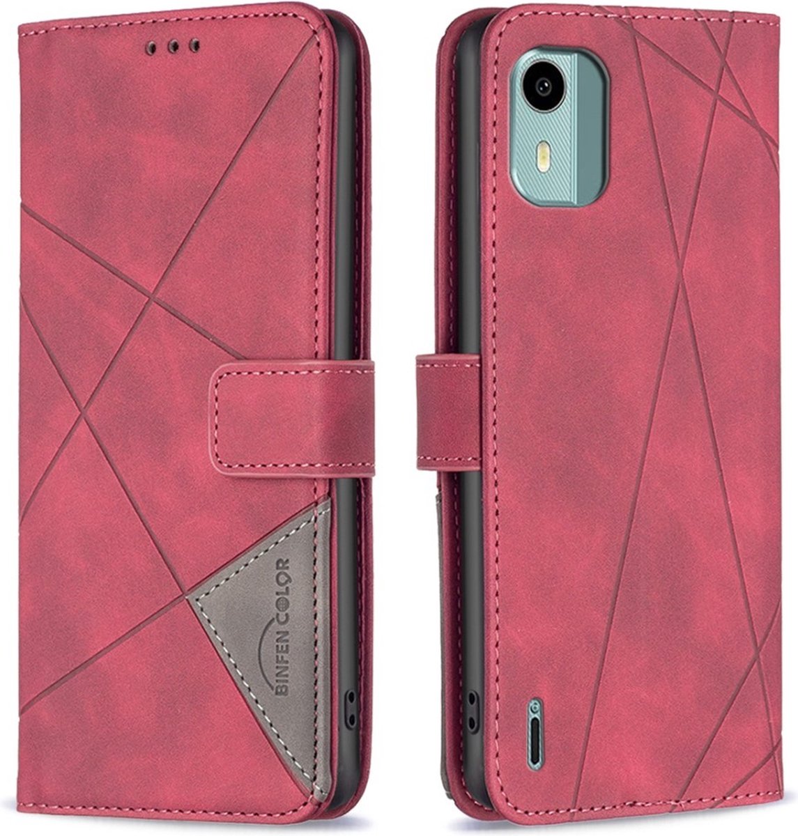 BINFEN Hoesje - Geschikt voor Nokia C12 Hoesje - BINFEN Geometric Book Case - Rood