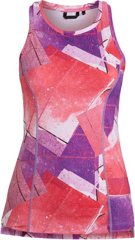 Björn Borg sporttop in roze, paars en wit met een abstracte print en ronde hals.