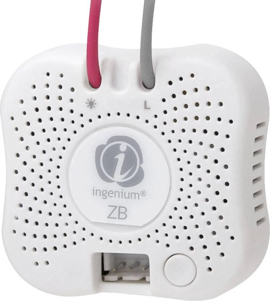 Witte dimmodule met 'Ingenium ZB' logo, ronde gaatjes en 2 draden (roze, grijs).