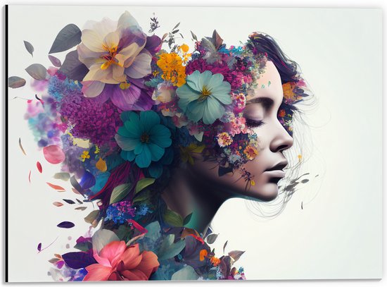 Dibond - Vrouw met Kapsel van Kleurrijke Bloemen tegen Witte Achtergrond - 40x30 cm Foto op Aluminium (Wanddecoratie van metaal)