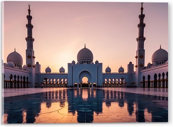 Acrylglas - Zon Zakkend achter Sjeik Zayed Moskee in Abu Dhabi, Verenigde Arabische Emiraten - 40x30 cm Foto op Acrylglas (Met Ophangsysteem)