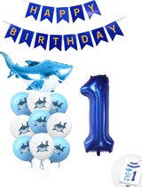 Cijferballon 1 Blauw - Haai - Shark - Ballonnen Pluspakket - Slinger Feestvieren - Verjaardag Snoes