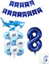 Cijferballon 8 Blauw - Haai - Shark - Ballonnen Pluspakket - Slinger Feestvieren - Verjaardag Snoes