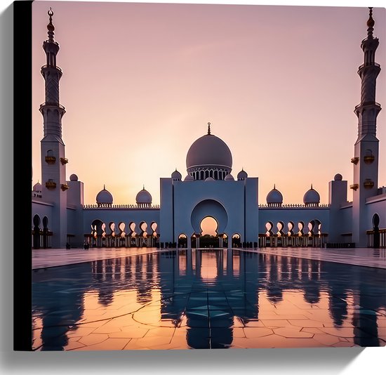 Canvas - Zon Zakkend achter Sjeik Zayed Moskee in Abu Dhabi, Verenigde Arabische Emiraten - 40x40 cm Foto op Canvas Schilderij (Wanddecoratie op Canvas)