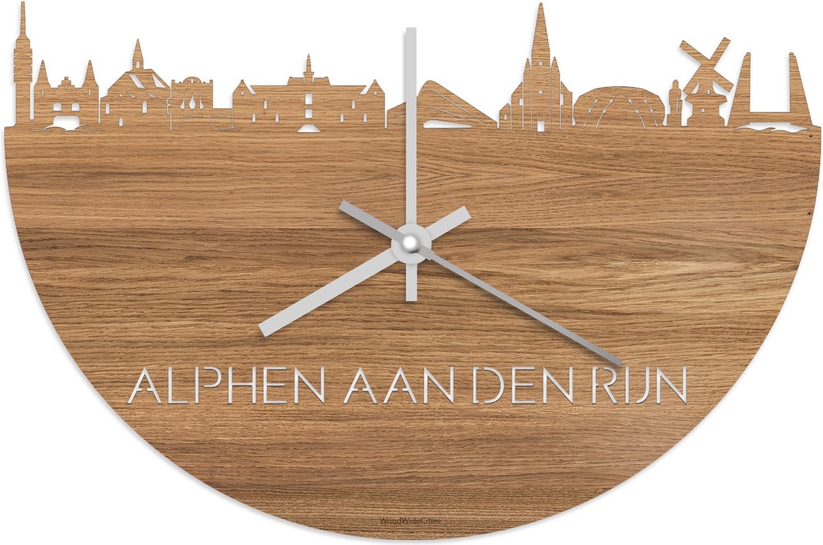 Skyline Klok Alphen aan den Rijn Eikenhout - Ø 40 cm - Stil uurwerk - Wanddecoratie - Meer steden beschikbaar - Woonkamer idee - Woondecoratie - City Art - Steden kunst - Cadeau voor hem - Cadeau voor haar - Jubileum - Trouwerij - Housewarming -