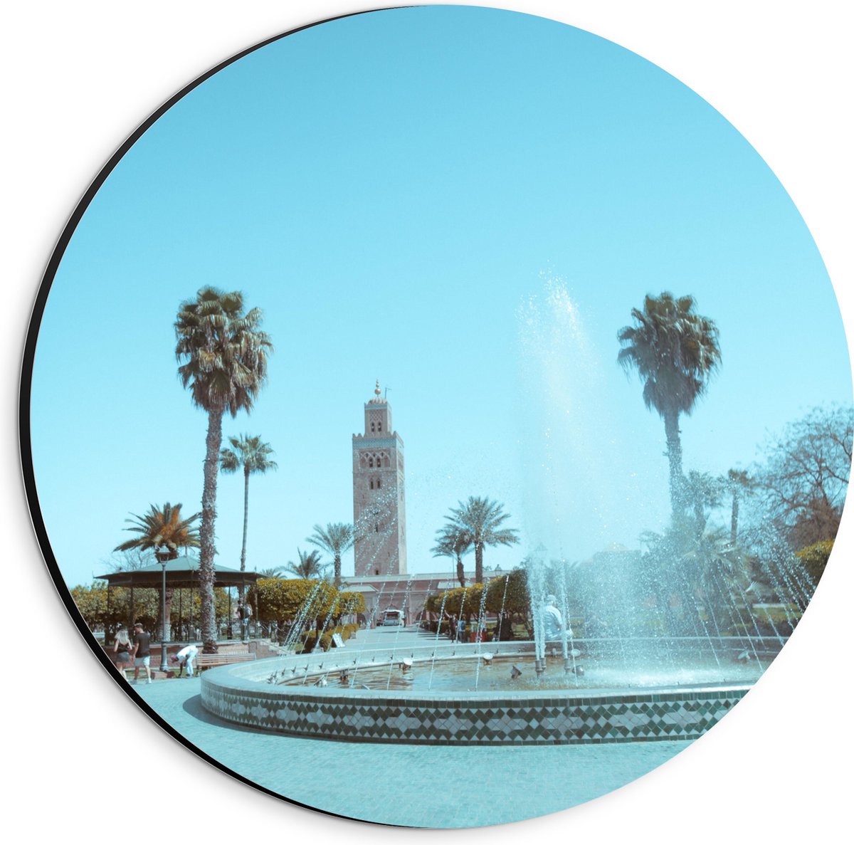 Dibond Muurcirkel - Gebouw - Fontein - Water - Bomen - Palmbomen - Mensen - 20x20 cm Foto