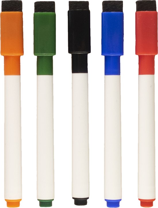 Vijf whiteboardschrijftoestellen in oranje, groen, zwart, blauw en rood, elk met een gum in de dop.