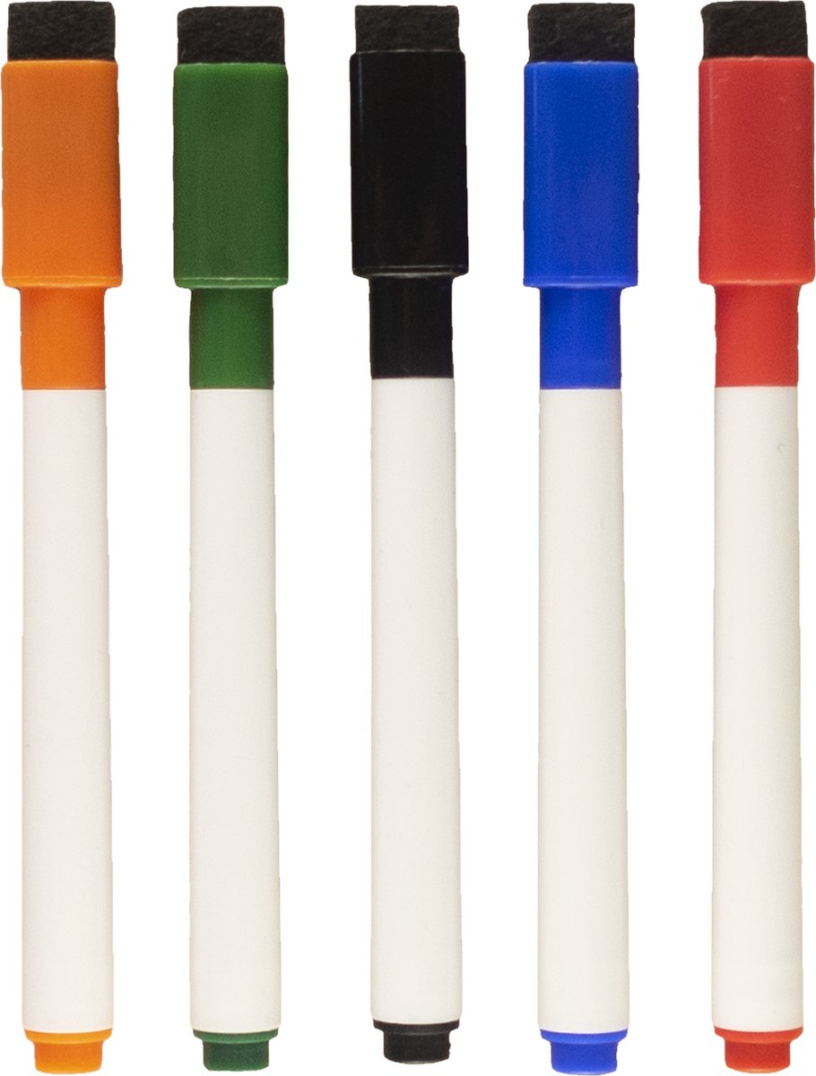 Vijf magnetische whiteboard stiften kleur (met magneet / wisser in dop) - ook beschikbaar in zwart