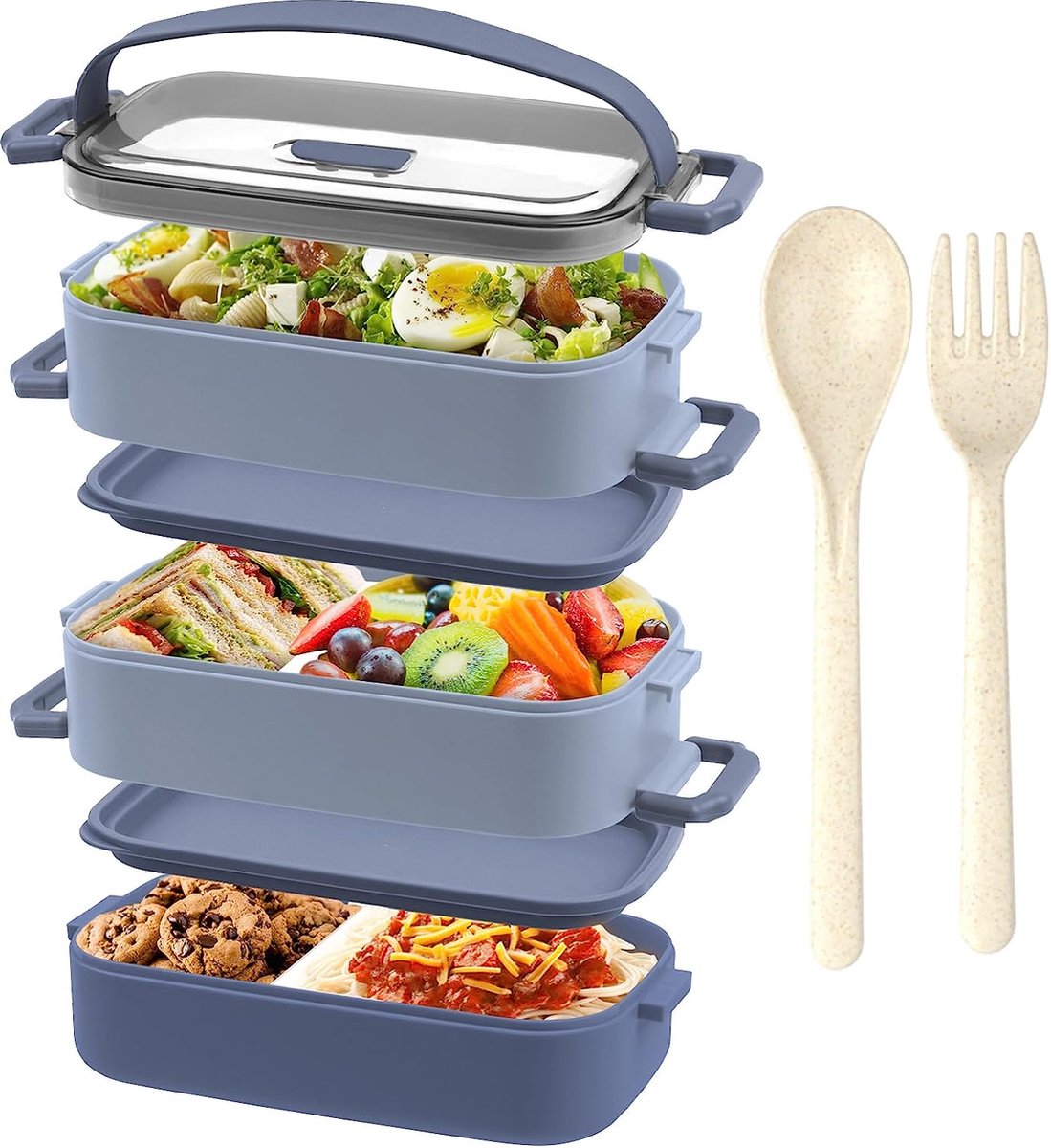 Lunchbox 3 Laags - Bento Box 2200ml - Lunchbox Volwassene - Lunchbox met 3 compartimenten Verstelbaar en Bestek - Lunchbox Lekvrij, BPA Vrij, Magnetronbestendig,Groot 19,5x11,2x15cm,Blauw