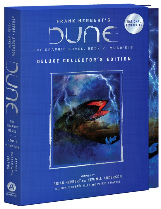 De blauwe Deluxe Collector's Edition van Frank Herbert's Dune, Book 2: Muad'Dib graphic novel. Een zandworm met rode accenten steekt uit een stormachtige, blauwe lucht met bliksem.