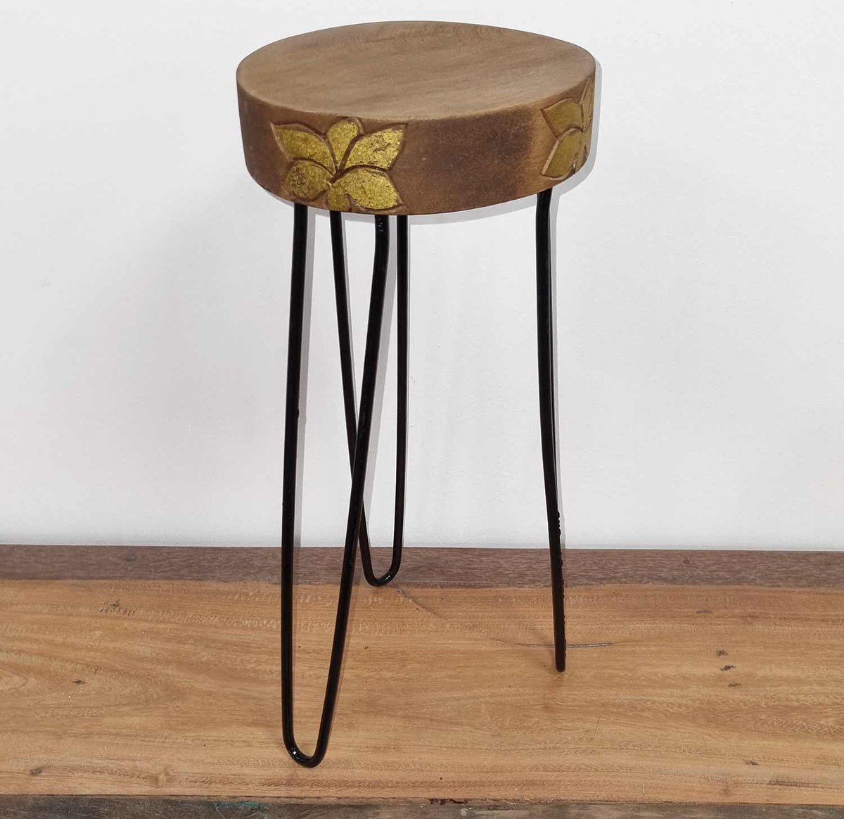 Ronde Plantentafel - Albasia Houten Plantenstandaard - Hout & Gouden Details - 43x19x5cm - Plantenstandaard