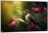 Tuinposter – Kolibrie op Groene Tak van Roze Lelie Bloem - 120x80 cm Foto op Tuinposter (wanddecoratie voor buiten en binnen)