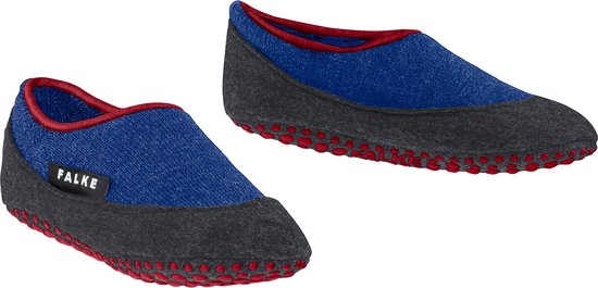 Donkergrijze pantoffels met blauwe voorkant, rode rand en antislip noppen.