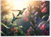 Acrylglas - Kolibries Vliegend bij Roze Plantgjes - 40x30 cm Foto op Acrylglas (Wanddecoratie op Acrylaat)