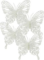 Decoris Décoration de sapin de Noël papillons sur pince - 4x - blanc - 13 cm