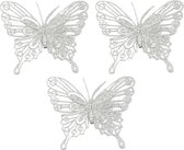 House of Seasons Décoration de sapin de Noël papillons sur clip - 3x pcs - argent - 10 cm