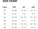 Tableau des tailles avec colonnes pour l'Index, l'EUR, le UK, l'USA.