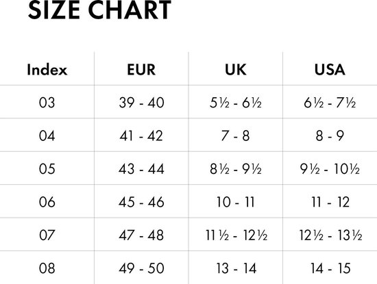 Tableau des tailles avec colonnes pour l'Index, l'EUR, le UK, l'USA.