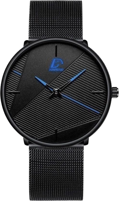Hidzo Horloge - DIJANBS - Zwart - Heren - Analoog - Blauw - Ø 35 mm - staal