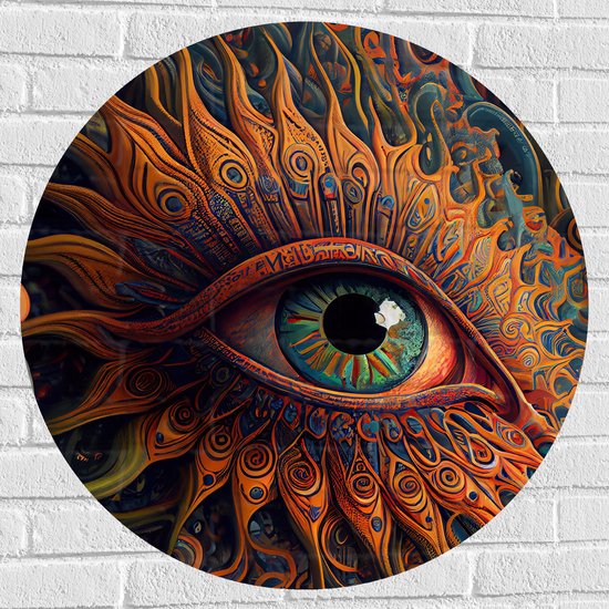 Muursticker Cirkel - Oog met Oranje en Blauw Patroon - 80x80 cm Foto op Muursticker