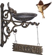 Relaxdays vogelbad gietijzer - welcome bordje - muur - hangende vogeldrinkschaal - brons