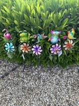Metalen deco tuinstekers met windmolen "uil, flamingo, kikker, kolibri & vogels"- Set van 5 stuks - diverse kleuren - hoogte 61 x dia 10.5 x 3.8 cm - Tuinaccessoires - Tuindecoratie - Tuinstekers