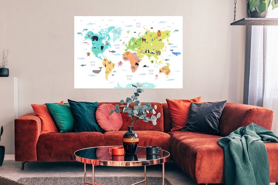 Wereldkaart - Animaux - Enfants - 120x80 cm - Affiche