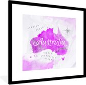 Fotolijst incl. Poster - Wereldkaart - Australië - Roze - 40x40 cm - Posterlijst