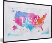 Fotolijst incl. Poster - Amerika - Wereldkaart - Waterverf - 60x40 cm - Posterlijst