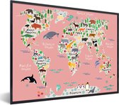 Wereldkaart - Kinderen - Roze - Dieren - Schoolplaat - Kinderkamer - 40x30 cm