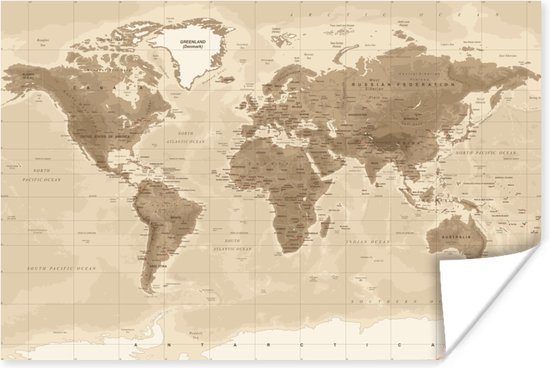 Wanddecoratie - Wereldkaart - Vintage - Bruin - 90x60 cm - Poster