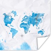 Poster Waterverf - Wereldkaart - Blauw - 75x75 cm