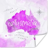 Muurdecoratie - Wereldkaart - Australië - Roze - 50x50 cm - Poster
