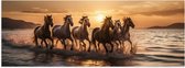 Poster (Mat) - Kudde Galopperende Paarden in de Zee bij Zonsondergang - 60x20 cm Foto op Posterpapier met een Matte look