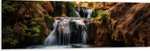 Dibond - Kleine Watervallen bij de Rotsen in het Bos - 150x50 cm Foto op Aluminium (Wanddecoratie van metaal)