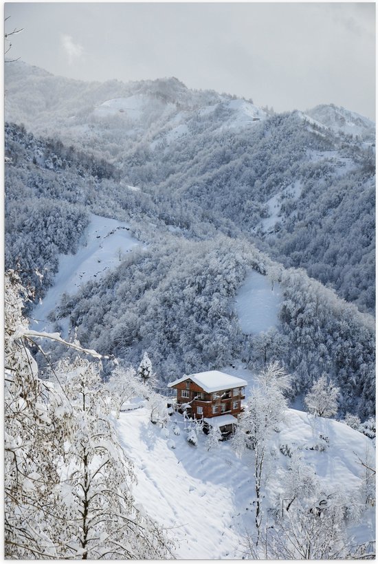 Poster Glanzend – Bergen - Huisje - Sneeuw - Bomen - Wit - 40x60 cm Foto op Posterpapier met Glanzende Afwerking